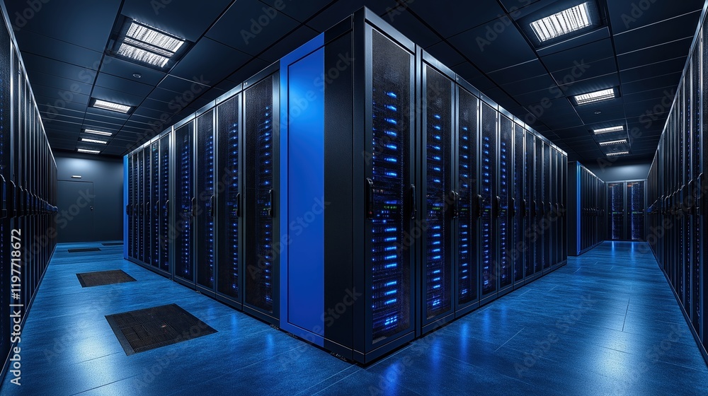Fototapeta premium Modern Blue Server Room with Rows of Data Storage Cabinets