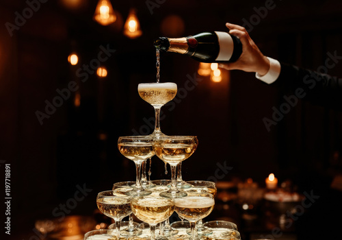 Elegant champagne tower being filled at a celebration in an upscale venue during evening hours