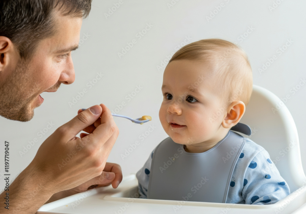 Father feeding his smiling baby in a high chair with soft light illuminating the cozy kitchen setting Father feeding his smiling baby in a high chair with soft light illuminating the cozy kitchen setting
