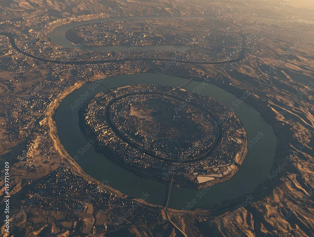 Aerial view of bending river with scenic landscape captured during golden hour at earth Aerial view of bending river with scenic landscape captured during golden hour at earth