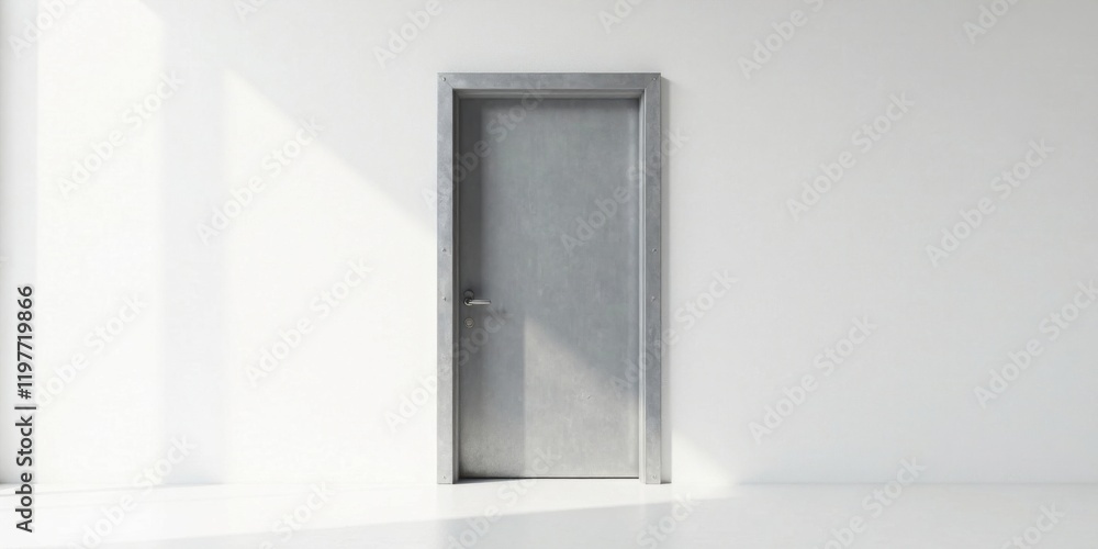 A single grey door with a metallic frame stands against a bright white wall, bathed in sunlight. The minimalist design creates a sense of calm and simplicity. A single grey door with a metallic frame stands against a bright white wall, bathed in sunlight. The minimalist design creates a sense of calm and simplicity.