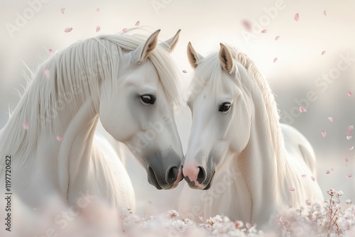 A pair of white horses in love in white mist with flower petals. Chinese horoscope, valentine's day