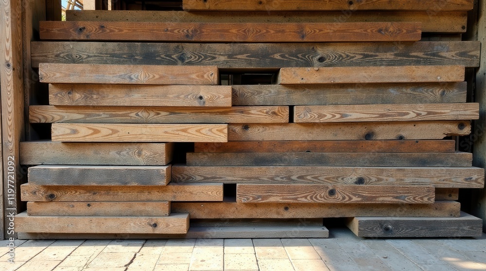 A Stack of Reclaimed Lumber Showing Varied Wood Grain and Texture Patterns A Stack of Reclaimed Lumber Showing Varied Wood Grain and Texture Patterns