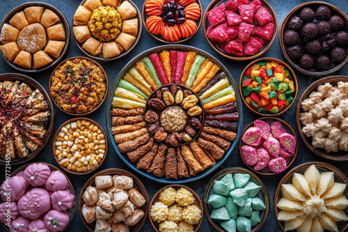 Variety of colorful sweets - lollipops, candies, and chocolates - displayed on a dessert table, tempting and vibrant. photo