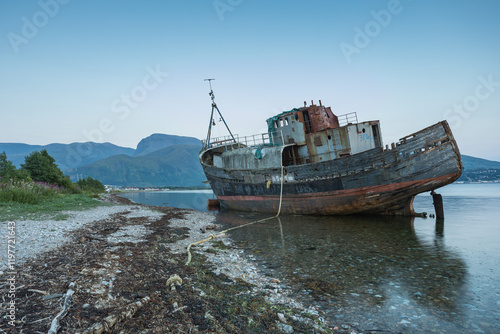 shipwrecked boat in bay photo