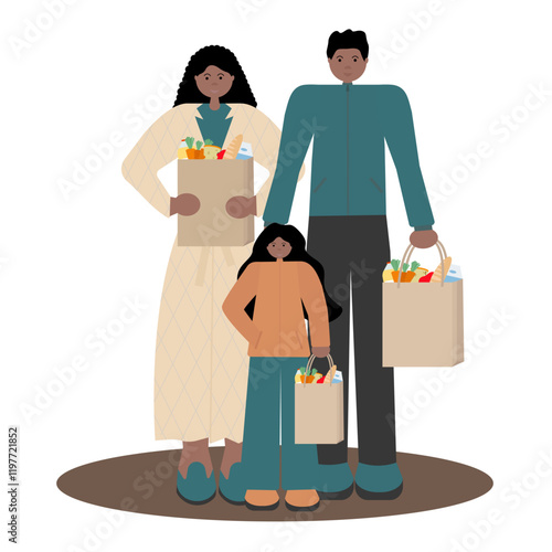 Black family shopping together. Vector flat illustration of African American father holding grocery basket, mother pushing  shopping cart and daughter holding juice bottle.
