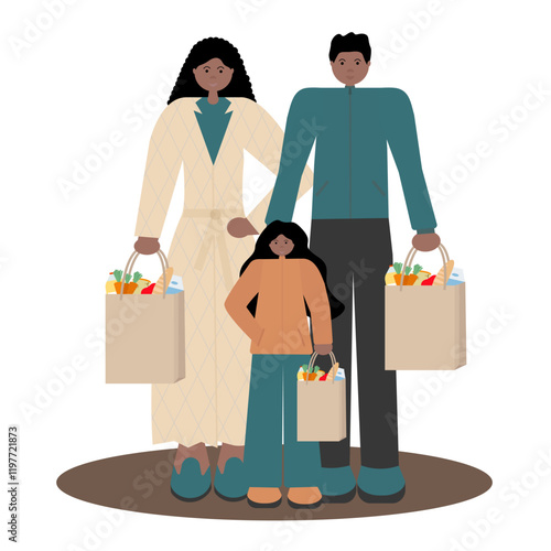 Black family shopping together. Vector flat illustration of African American father holding grocery basket, mother pushing  shopping cart and daughter holding juice bottle.