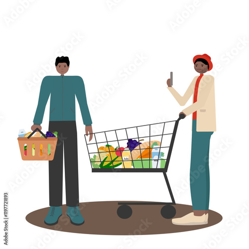 Black family shopping together. Vector flat illustration of African American father holding grocery basket, mother pushing  shopping cart and daughter holding juice bottle.