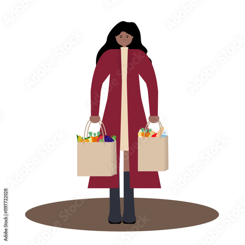  Flat vector illustration of  black woman in coat holding grocery paper bags, front view. 