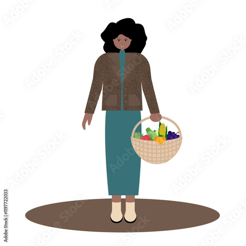 Black family shopping together. Vector flat illustration of African American father holding grocery basket, mother pushing  shopping cart and daughter holding juice bottle.
