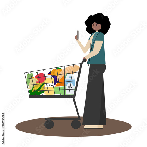 Black family shopping together. Vector flat illustration of African American father holding grocery basket, mother pushing  shopping cart and daughter holding juice bottle.