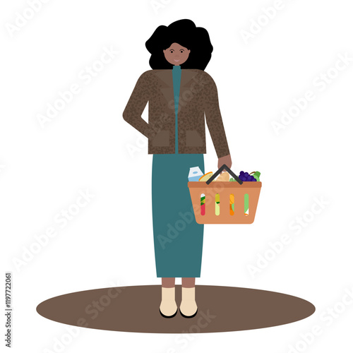 Black family shopping together. Vector flat illustration of African American father holding grocery basket, mother pushing  shopping cart and daughter holding juice bottle.