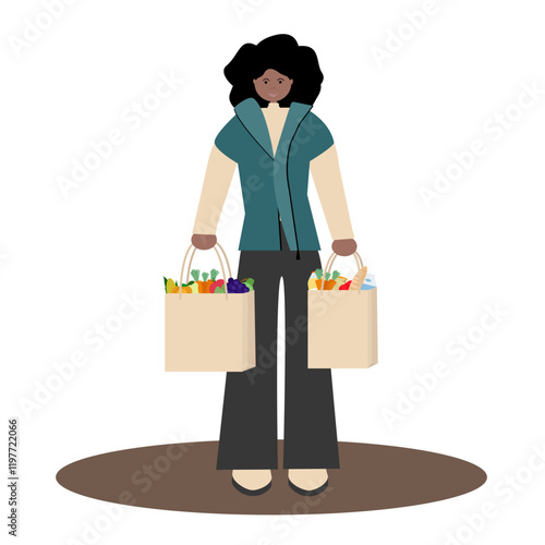 Black family shopping together. Vector flat illustration of African American father holding grocery basket, mother pushing  shopping cart and daughter holding juice bottle.