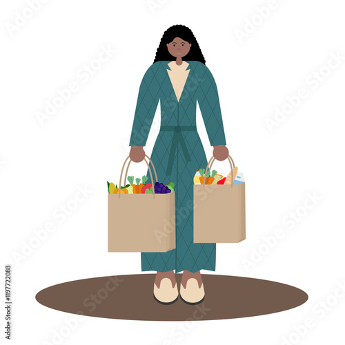  Vector illustration on white background of black woman in coat holding paper bags filled with groceries. For supermarket ads, online grocery services and diverse representation in retail marketing.