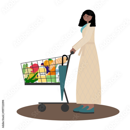 Vector illustration in flat style of a black woman in a coat pushing a grocery cart, set on a white background. Perfect for e-commerce platforms, digital retail campaigns, and supermarket promotions