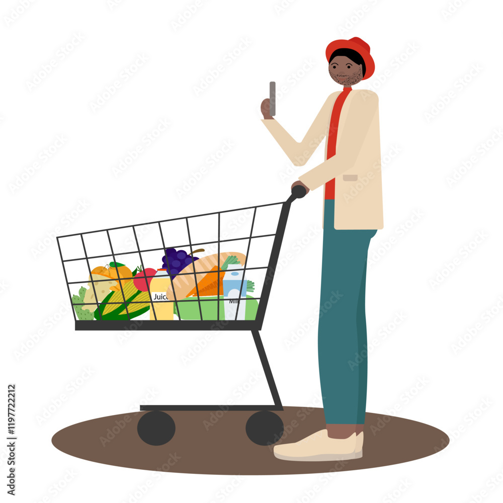 Flat vector illustration of a black man with a beard and hat shopping with a grocery cart and phone. Perfect for mobile app interfaces, online shopping platforms, and tech-driven retail experiences Flat vector illustration of a black man with a beard and hat shopping with a grocery cart and phone. Perfect for mobile app interfaces, online shopping platforms, and tech-driven retail experiences