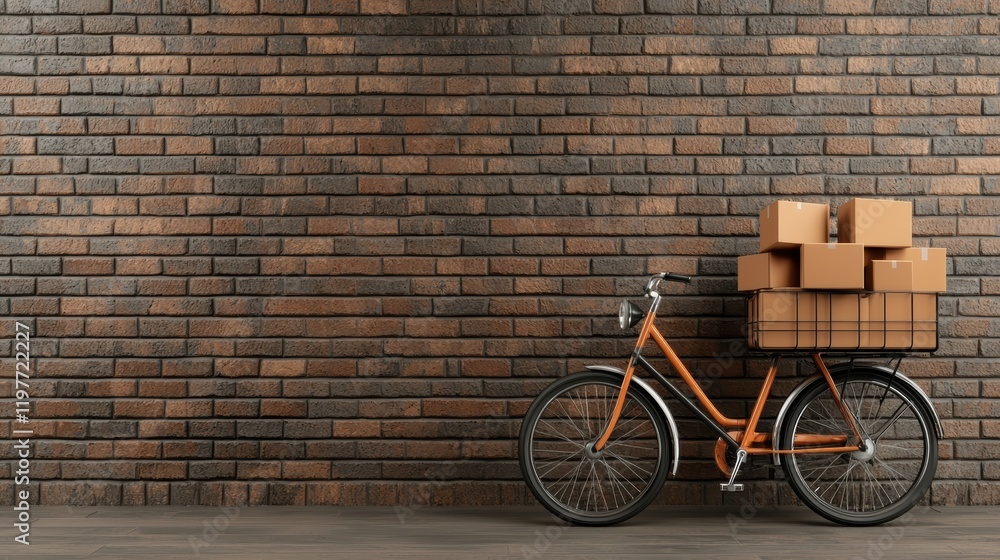 Orange bicycle with basket of cardboard boxes against brick wall background Orange bicycle with basket of cardboard boxes against brick wall background