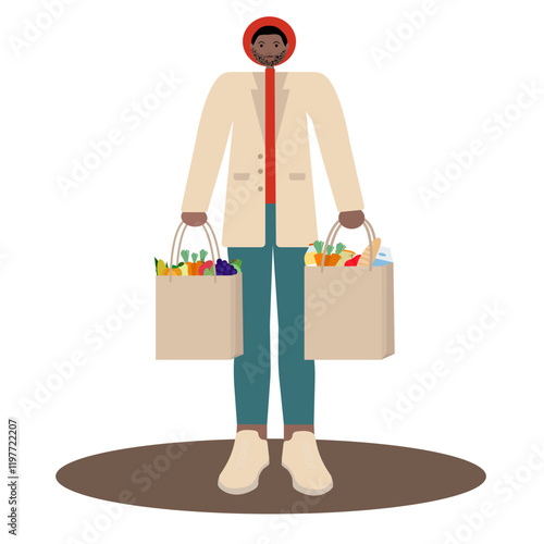  Flat vector design featuring a bearded black man with a hat holding two paper bags filled with groceries. Best suited for supermarket promotions, retail flyers, and grocery store marketing.