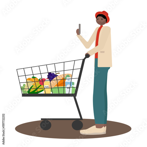 Flat vector illustration of a black man with a beard and hat shopping with a grocery cart and phone. Perfect for mobile app interfaces, online shopping platforms, and tech-driven retail experiences