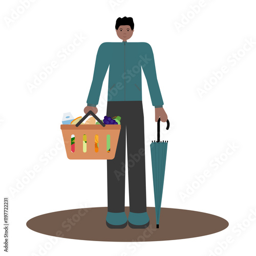 Flat vector illustration on white background of black man in fall jacket holding orange grocery basket, front view. For online retail platforms, e-commerce stores, and shopping lifestyle content.