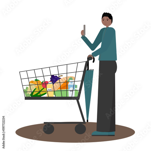 Vector illustration in flat style on white background featuring black man in jacket pushing grocery cart and holding phone with shopping list. For mobile apps, digital shopping guides.