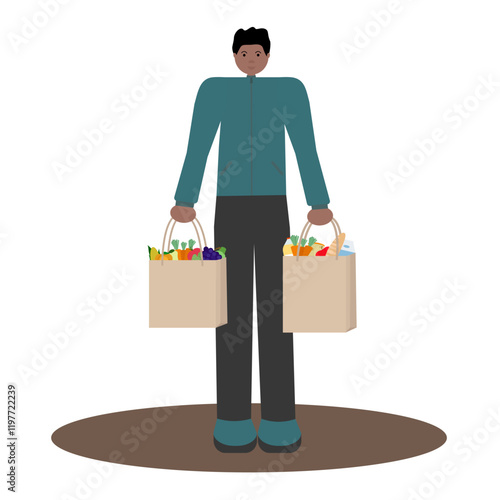 Flat vector design of a black man in a jacket holding two paper grocery bags, on a white background. Great for supermarket promotions, retail flyers, and online grocery store marketing campaigns.