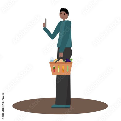 Vector illustration in flat showing black man in jacket holding smartphone and orange basket of groceries, side view, on white background. For seasonal retail ads and fall shopping campaigns.