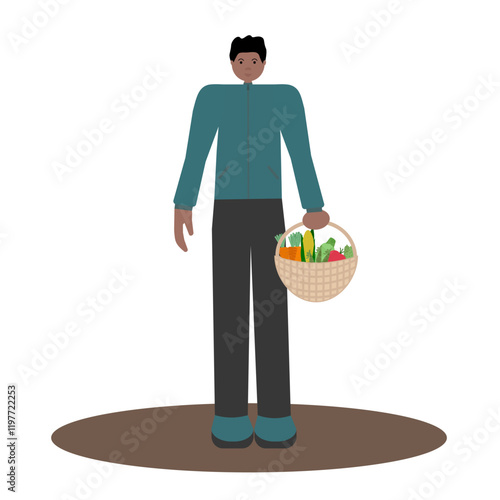 Vector illustration of black man holding woven basket filled with groceries on white background. For eco-friendly shopping ads, farmers market promotions, and sustainability-focused digital content.