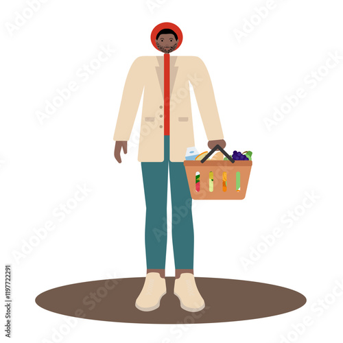 Flat vector illustration of a black man in a hat with an orange grocery basket. Perfect for online marketplaces, ecommerce platforms, and lifestyle content focusing on shopping and diversity.
