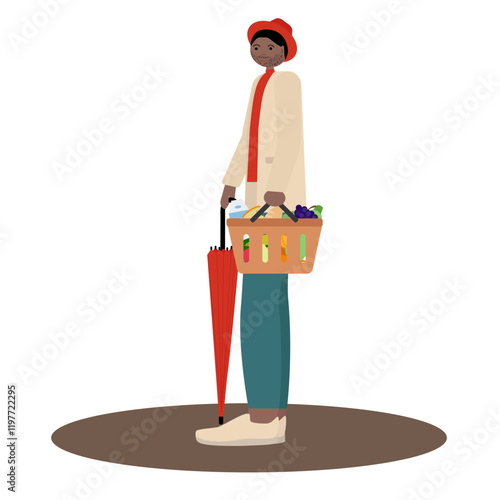 Vector illustration in flat style of black man with beard and hat holding umbrella and orange basket of groceries. Ideal for seasonal marketing campaigns, lifestyle blogs and retail advertisements.
