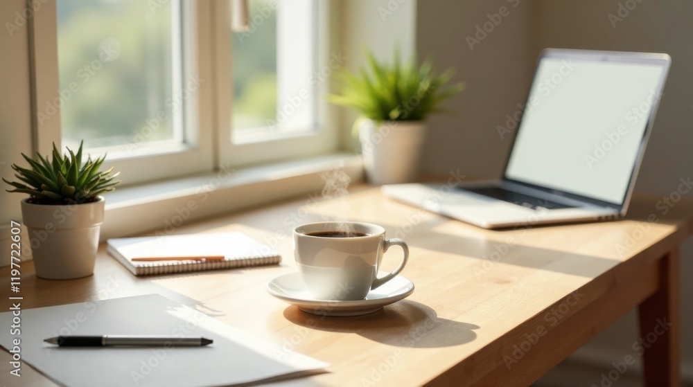 Sunlight illuminates a workspace with a steaming cup of coffee, a laptop, and writing materials. Sunlight illuminates a workspace with a steaming cup of coffee, a laptop, and writing materials.