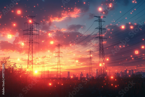 Sunset silhouette with abundant electrical wires against a city backdrop, creating a striking urban contrast and highlighting human impact on natural beauty.