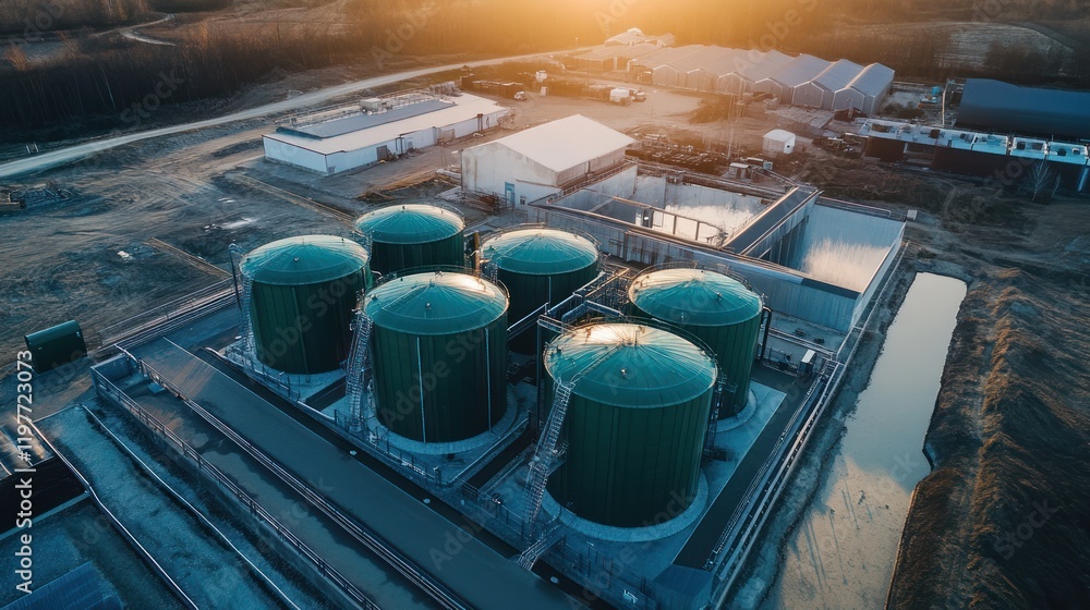 Aerial View of a Modern Biogas Plant at Sunset Aerial View of a Modern Biogas Plant at Sunset