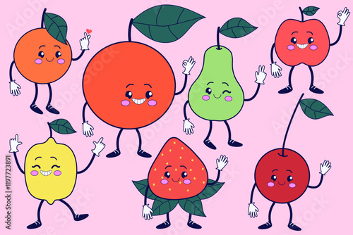 Groovy set with fruits. Hand drawn retro style illustration.