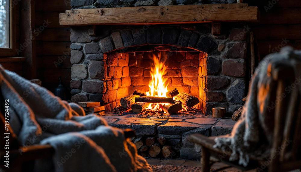 Cozy fireplace in a rustic hut with a warm, inviting atmosphere, perfect for winter evenings. Cozy fireplace in a rustic hut with a warm, inviting atmosphere, perfect for winter evenings.