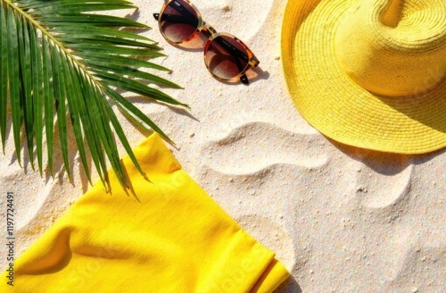 Banner with space for an inscription. Top view of straw hat, yellow fabric, sunglasses and palm leaves on beach sand background.