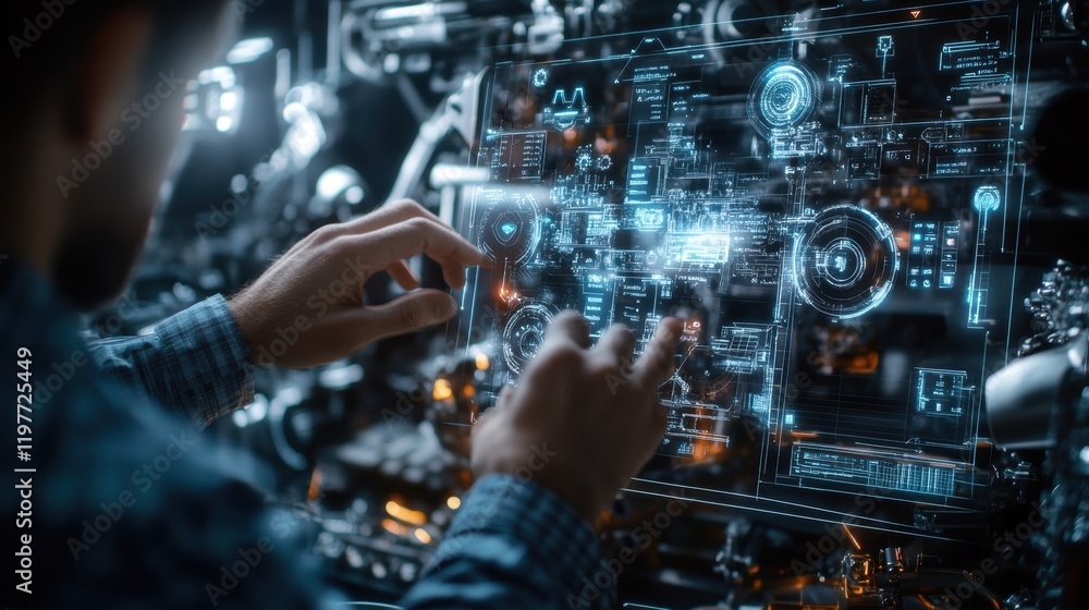 Fototapeta premium A technicians hands working with a digital interface with AR panel projections displaying annotated tips and best practices enhancing the assembly process through visual assistance.
