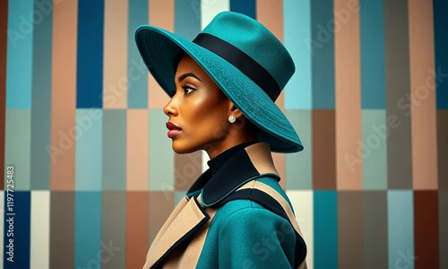 Wallpaper Mural Stylish woman in blue hat poses against colorful background in urban setting Torontodigital.ca