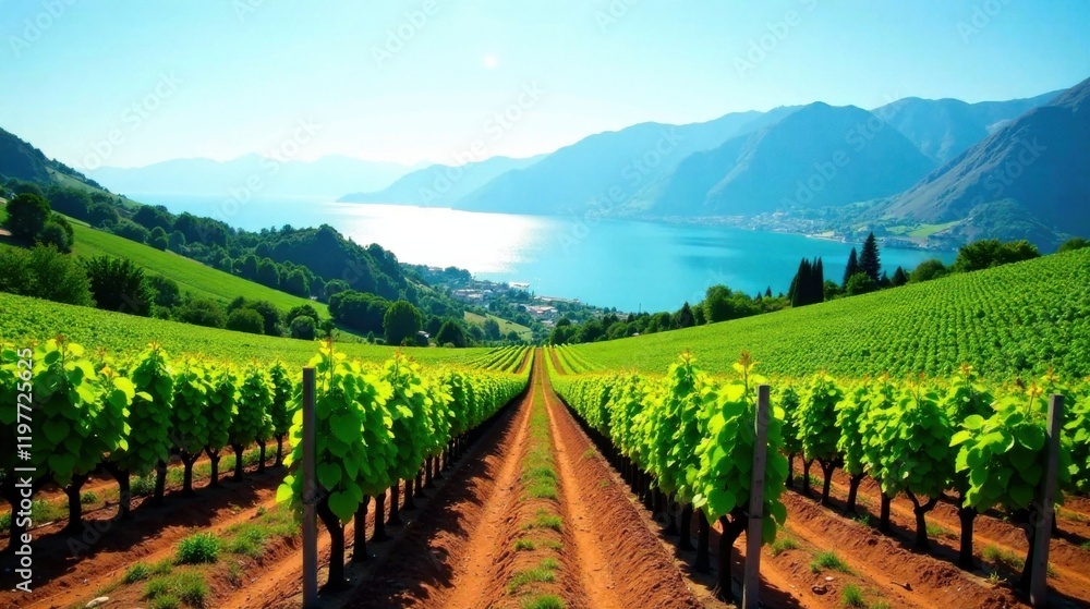 Fototapeta premium Serene Vineyard Rows on Gentle Slopes Overlooking a Sparkling Lake and Majestic Mountains