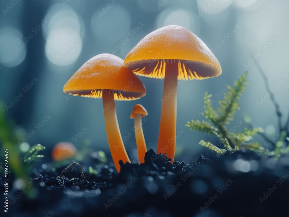 Fototapeta premium Yellow mushrooms growing in dirt among ferns and moss, under a misty sky.