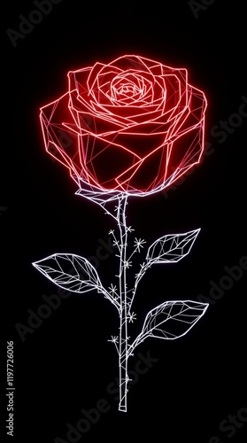 Neon Red Rose Wireframe with Grid Patterns on Black Background, Modern AI Genereted Abstract Art

 photo