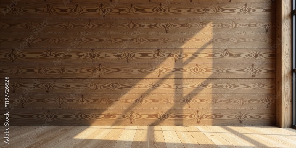 Obraz premium Sunlit Wooden Room Interior Design with Natural Light and Shadow Patterns on Wall and Floor