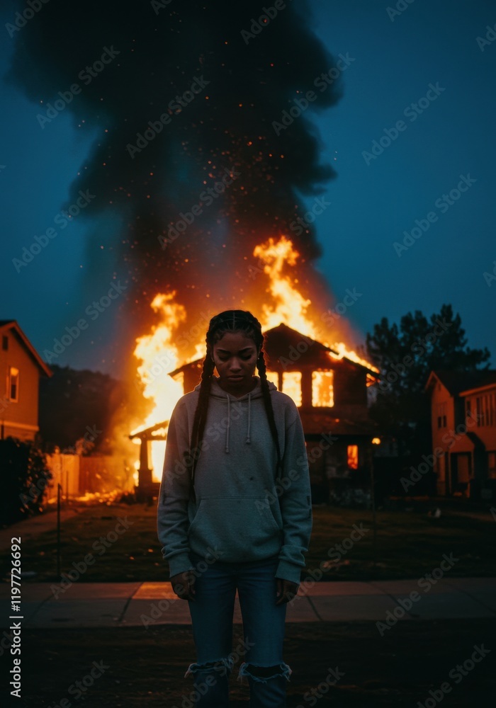 Obraz premium Fire: a tragedy in faces. A saddened woman stands in front of his burning house. This image conveys the pain, loss and scale of the devastating fires.