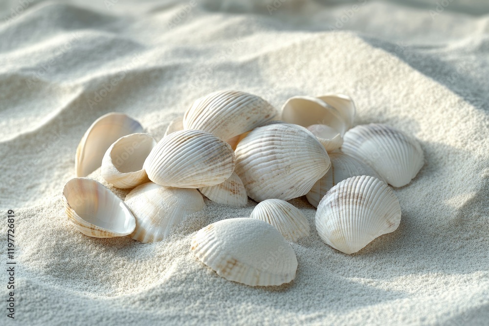 A pile of white seashells rests on a bed of white sand, a tranquil beach scene. A pile of white seashells rests on a bed of white sand, a tranquil beach scene.
