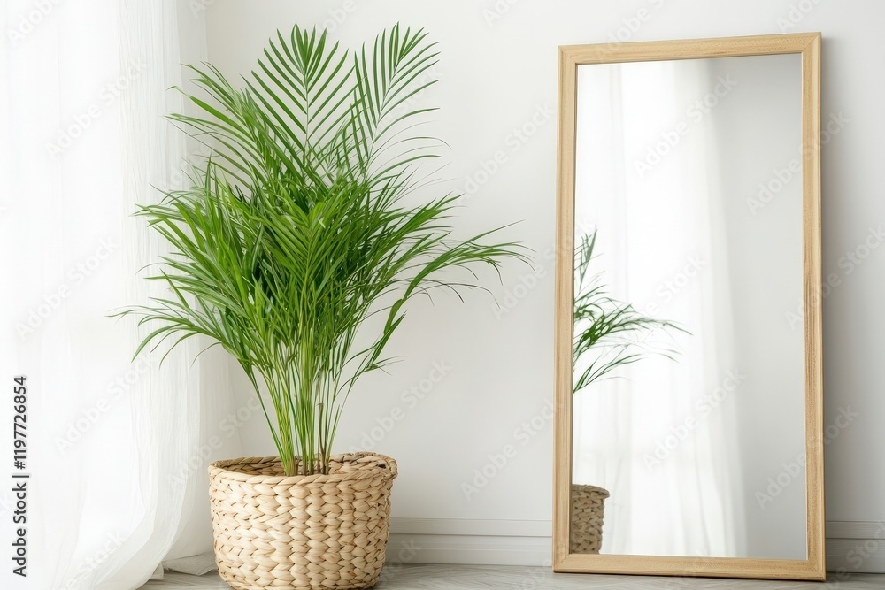 Fototapeta premium Palm plant in woven basket beside wooden framed mirror