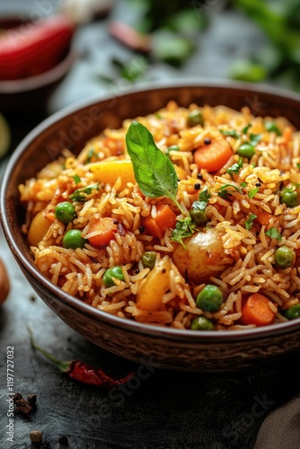 Vegetarian Asian dish with rice, peas, carrots, herbs, garnished with leaf photo