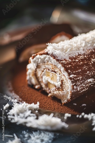 Sweet dessert with coconut flakes and bananas