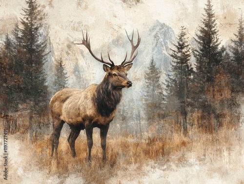 Majestic elk in serene forest landscape nature art fusion wilderness tranquil viewpoint wildlife concept for design photo