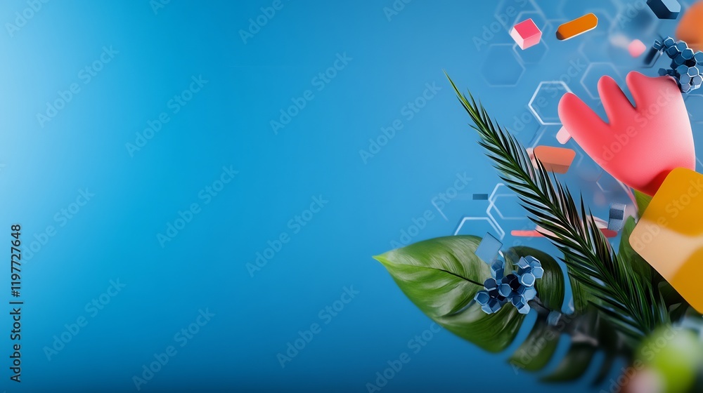 Fototapeta premium Vibrant tropical leaves playfully frame cleaning supplies against a bright blue backdrop. AI Generated