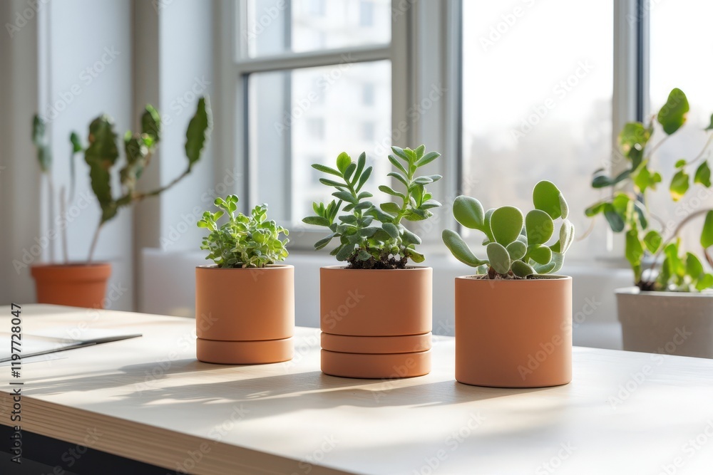 Three Succulents in Terracotta Pots on a Wooden Table Three Succulents in Terracotta Pots on a Wooden Table